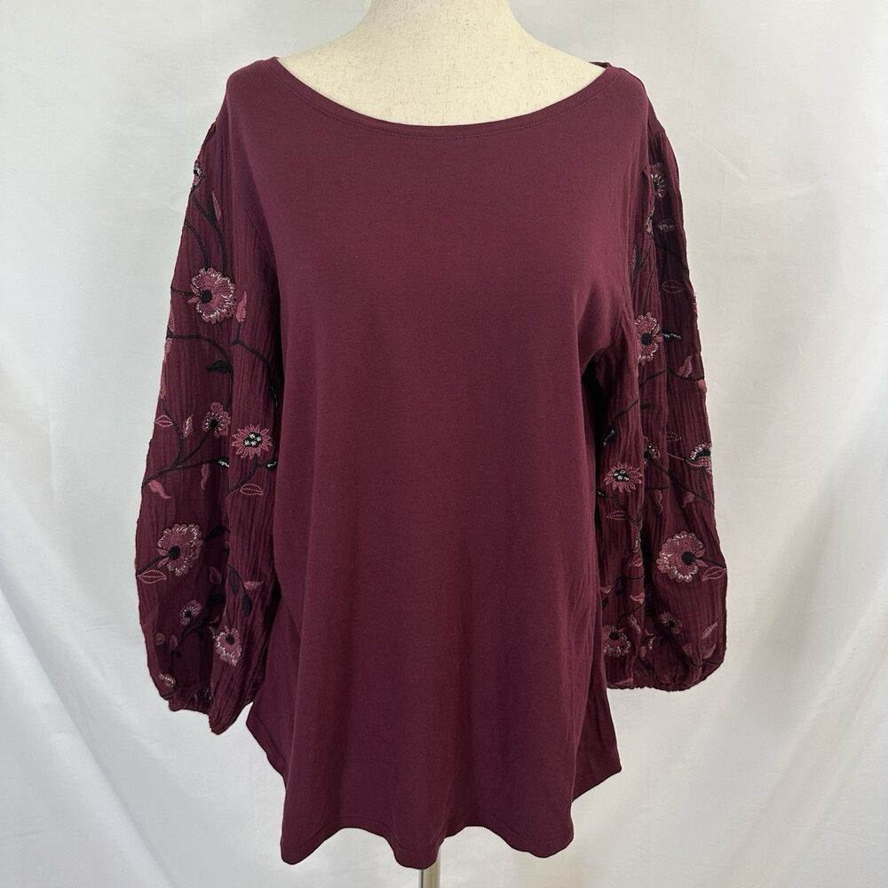 CHICO’S Burgundy Red Embroidered Sleeves Top Size LARGE (2) Womens